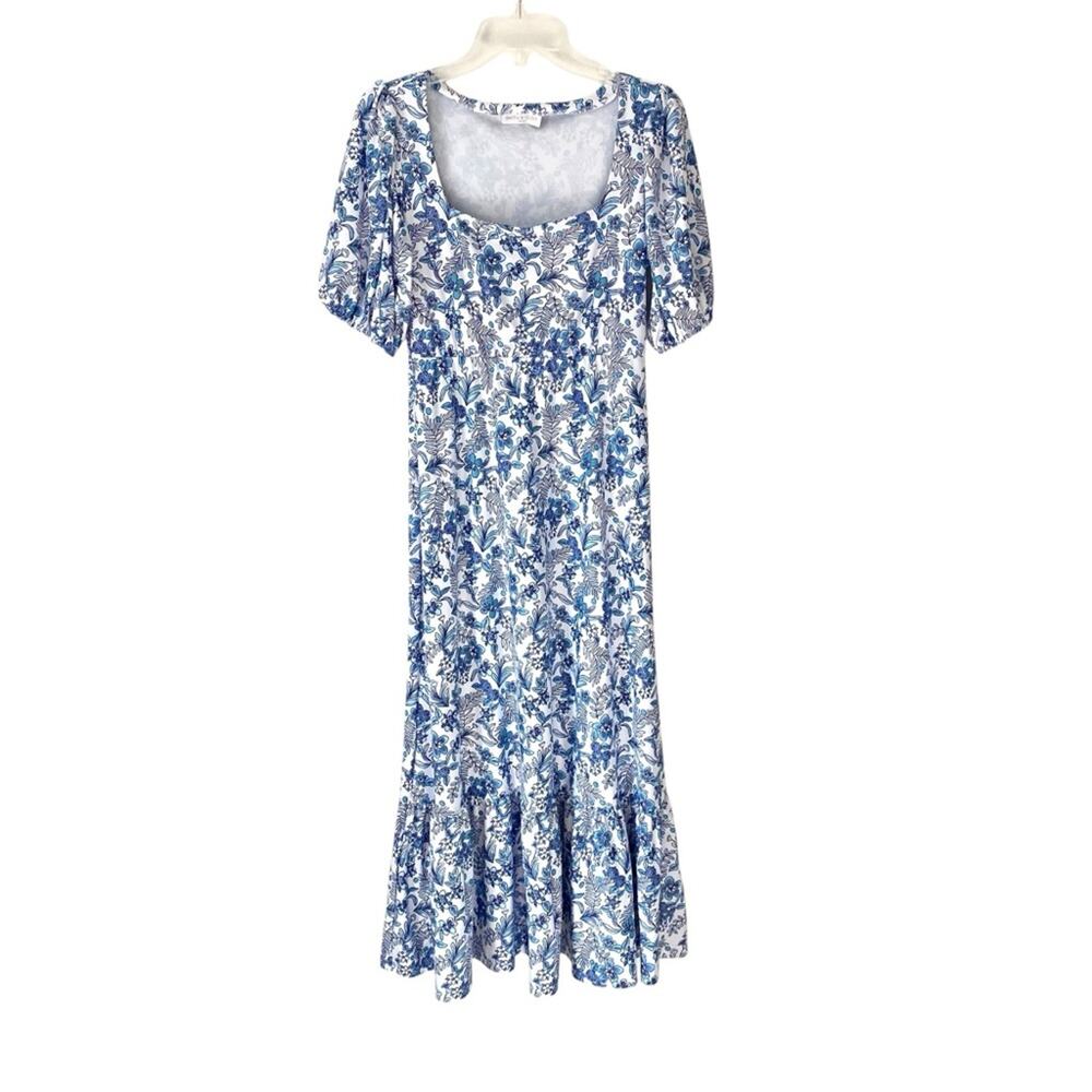 Smith & Quinn Porcelain Petals Floral Blue White Midi Dress size large puff